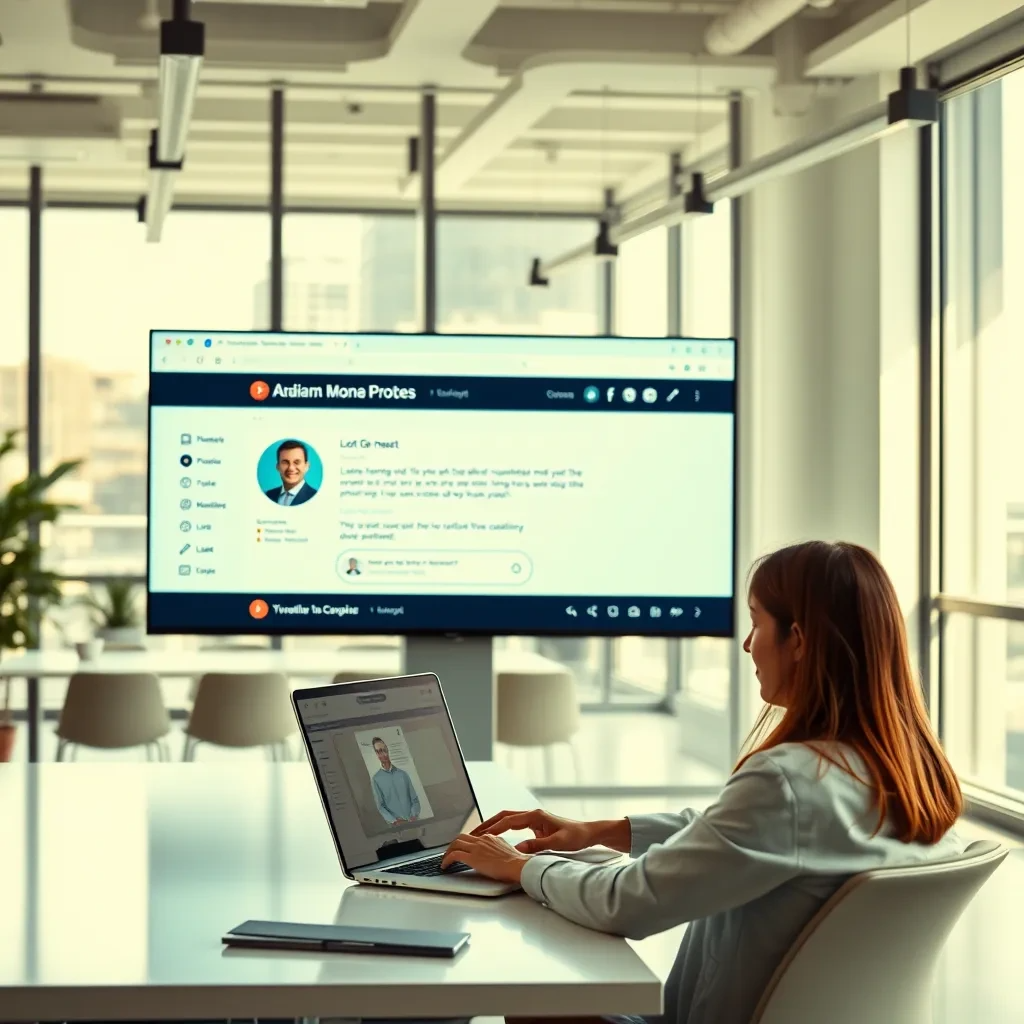 A modern office setting with a customer interacting with a website on a laptop. A large screen in the background displays a chatbot interface, personalized with the customer's name, engaging in a conversation about a product. The website design is sleek and modern, with clear call-to-actions and a user-friendly layout. The office is filled with natural light, creating a positive and welcoming atmosphere.